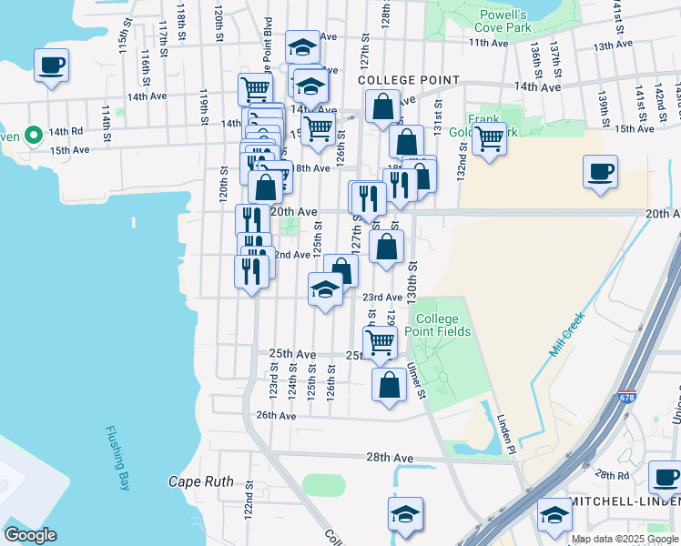 map of restaurants, bars, coffee shops, grocery stores, and more near 22-39 126th Street in Queens