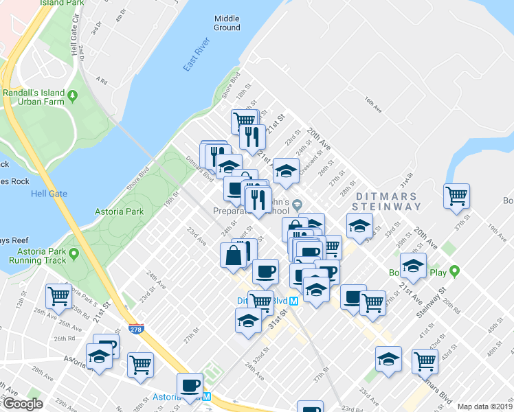 map of restaurants, bars, coffee shops, grocery stores, and more near in Queens