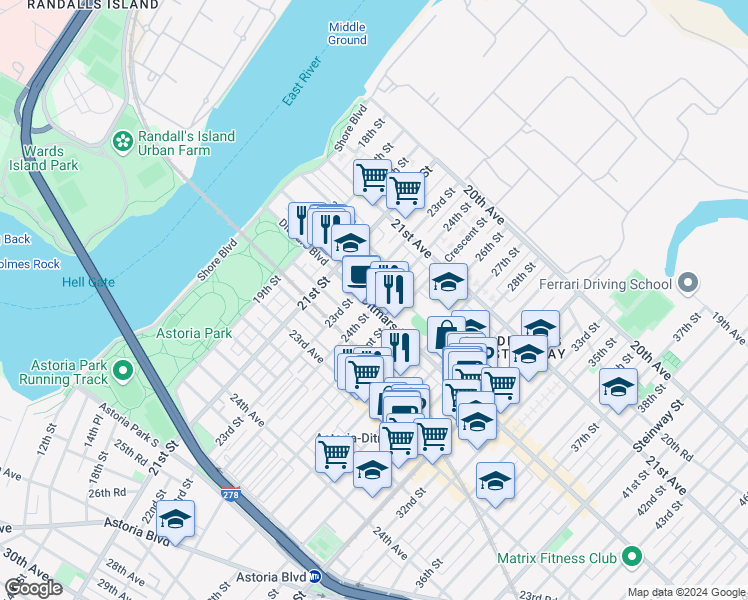 map of restaurants, bars, coffee shops, grocery stores, and more near 22-06 Crescent Street in Queens