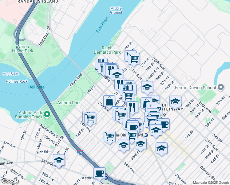map of restaurants, bars, coffee shops, grocery stores, and more near 22-38 23rd Street in Queens