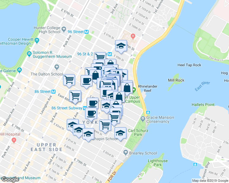 map of restaurants, bars, coffee shops, grocery stores, and more near 402 East 90th Street in New York