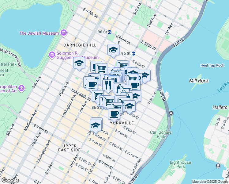 map of restaurants, bars, coffee shops, grocery stores, and more near 311 East 88th Street in New York