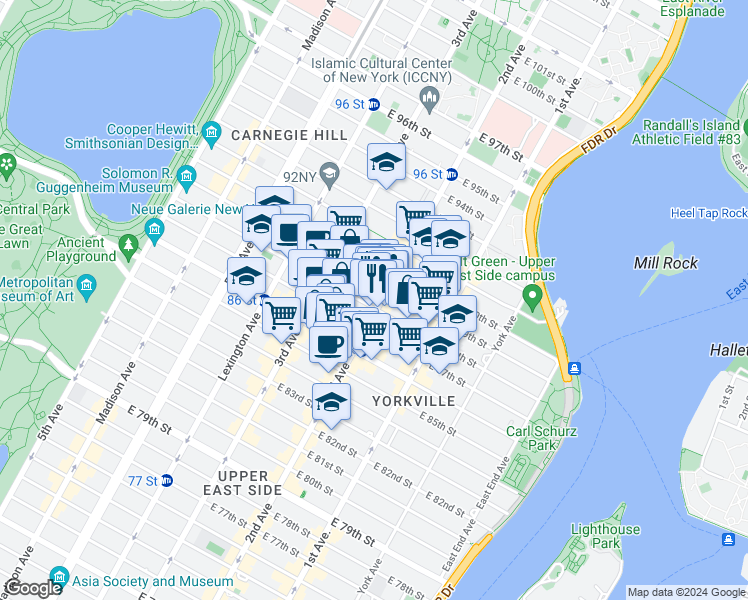 map of restaurants, bars, coffee shops, grocery stores, and more near 260 East 87th Street in New York