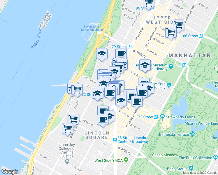 map of restaurants, bars, coffee shops, grocery stores, and more near 224 West 72nd Street in New York