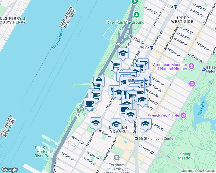 map of restaurants, bars, coffee shops, grocery stores, and more near 315 West 70th Street in New York