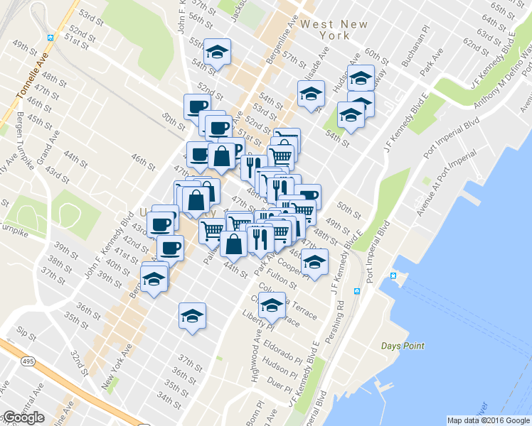 map of restaurants, bars, coffee shops, grocery stores, and more near 4604 Hudson Avenue in Union City
