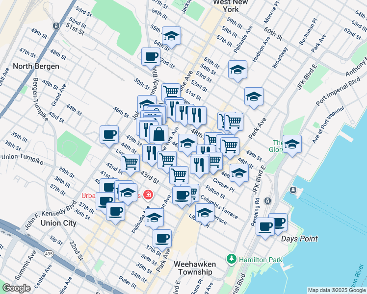map of restaurants, bars, coffee shops, grocery stores, and more near 224 Roosevelt Street in Union City