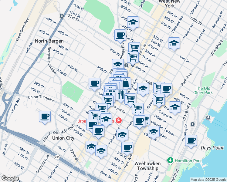 map of restaurants, bars, coffee shops, grocery stores, and more near in Union City