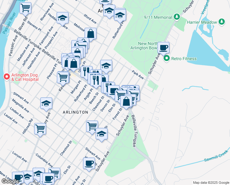 map of restaurants, bars, coffee shops, grocery stores, and more near 366 Belleville Turnpike in North Arlington