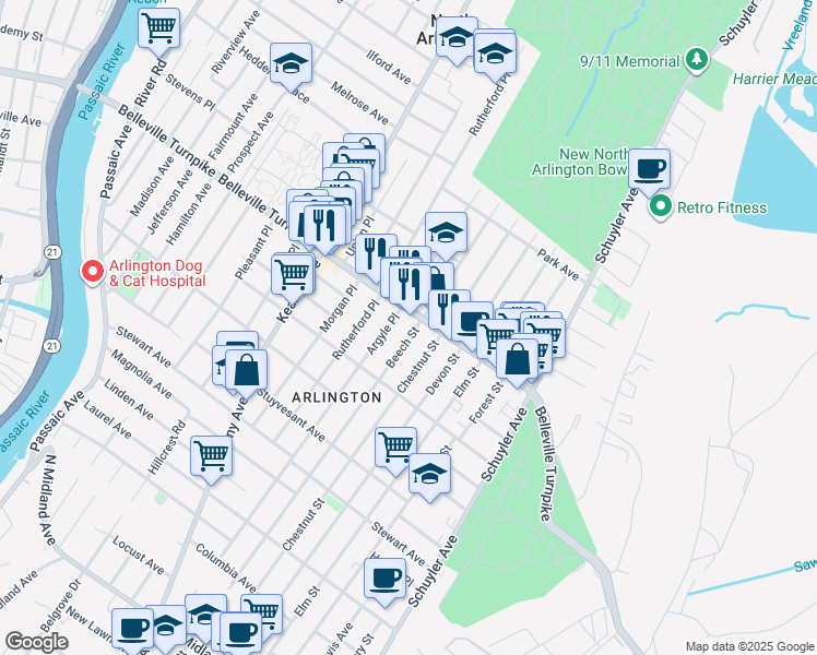 map of restaurants, bars, coffee shops, grocery stores, and more near 841 Chestnut Street in Kearny