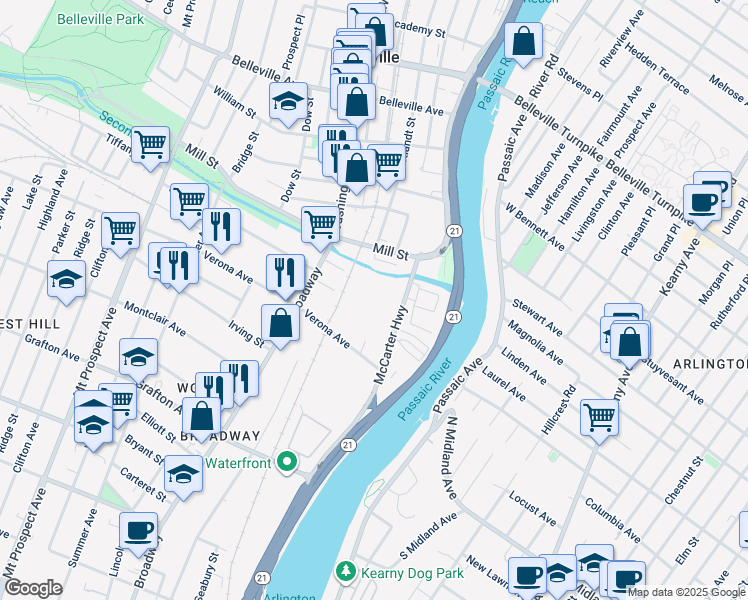 map of restaurants, bars, coffee shops, grocery stores, and more near 2121 McCarter Highway in Newark