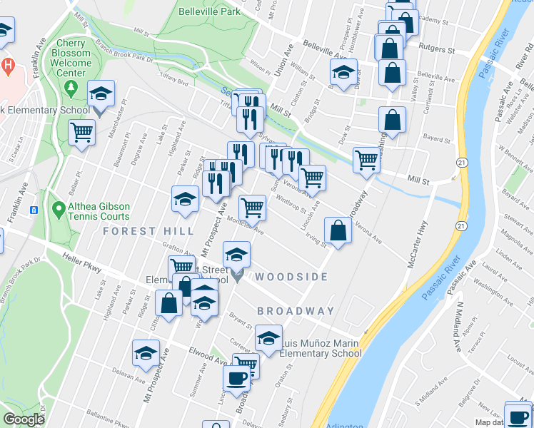 map of restaurants, bars, coffee shops, grocery stores, and more near 791 Summer Avenue in Newark