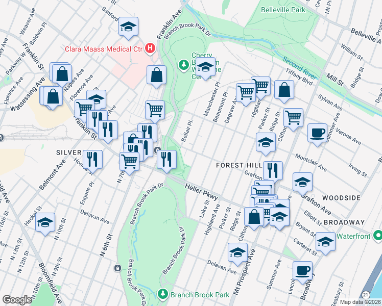 map of restaurants, bars, coffee shops, grocery stores, and more near 84 Forest Hill Parkway in Newark