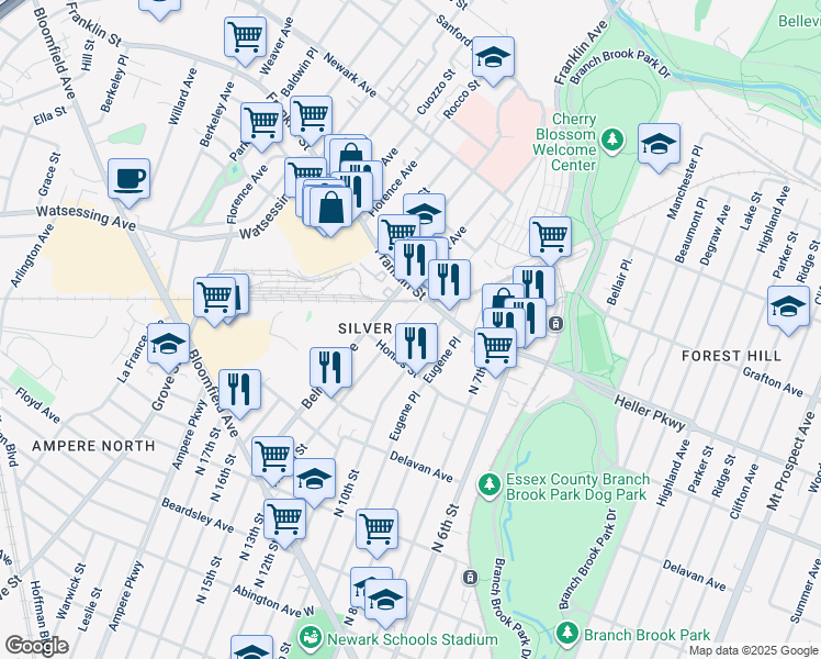 map of restaurants, bars, coffee shops, grocery stores, and more near 58 Honiss Street in Belleville