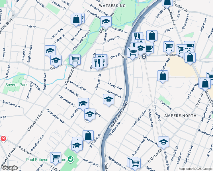 map of restaurants, bars, coffee shops, grocery stores, and more near 112 Norman Street in East Orange