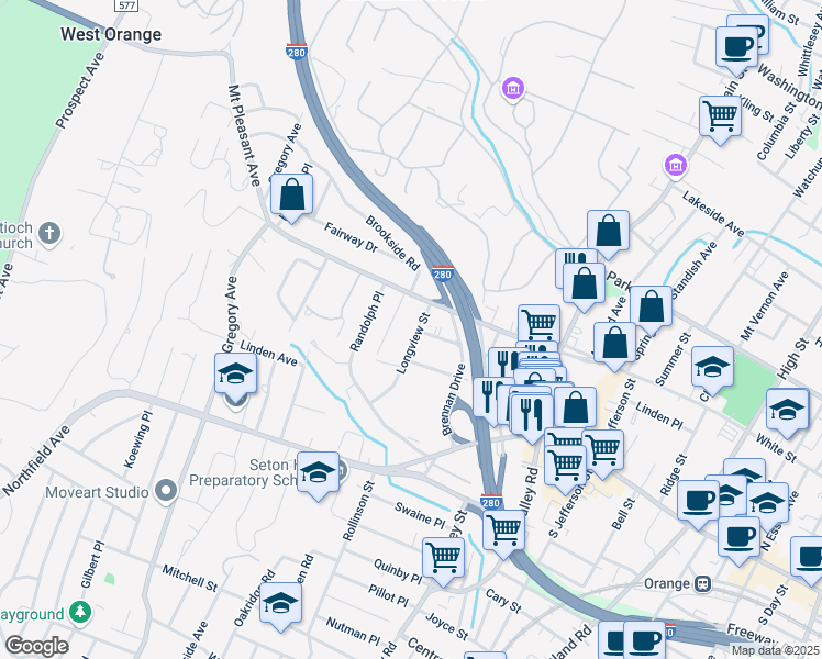 map of restaurants, bars, coffee shops, grocery stores, and more near 36 Longview Street in West Orange