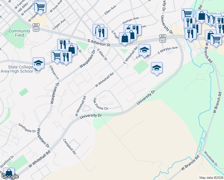 map of restaurants, bars, coffee shops, grocery stores, and more near 113-117 Oak Pointe Circle in State College