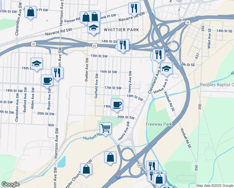 map of restaurants, bars, coffee shops, grocery stores, and more near 1810 Stark Avenue Southwest in Canton