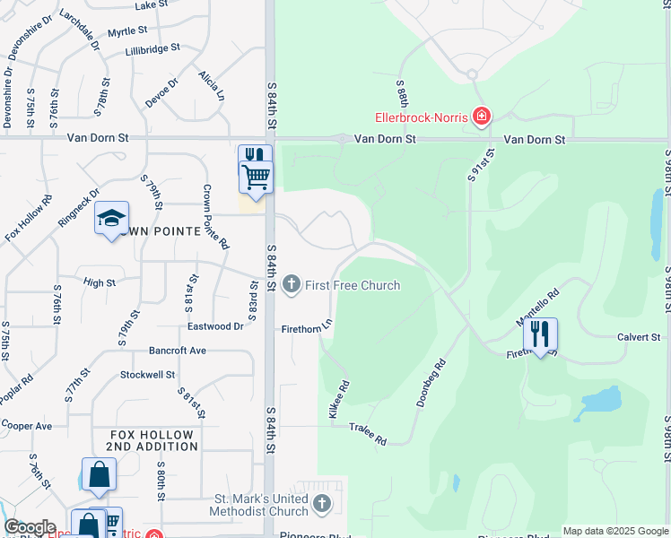 map of restaurants, bars, coffee shops, grocery stores, and more near 8435 Firethorn Ln in Lincoln
