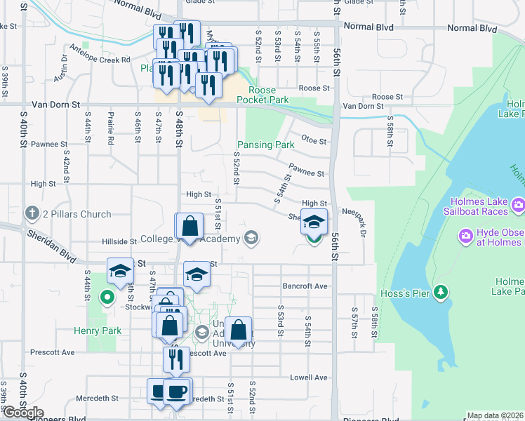 map of restaurants, bars, coffee shops, grocery stores, and more near 5401 Sherman Street in Lincoln