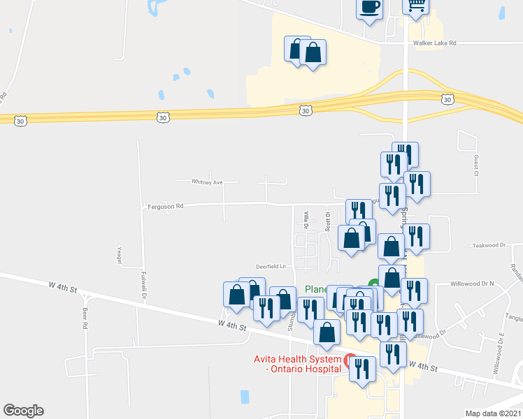 map of restaurants, bars, coffee shops, grocery stores, and more near 2361 Ferguson Road in Ontario