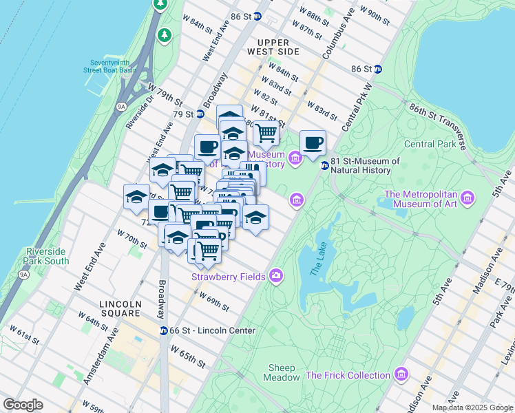 map of restaurants, bars, coffee shops, grocery stores, and more near 50 West 76th Street in New York