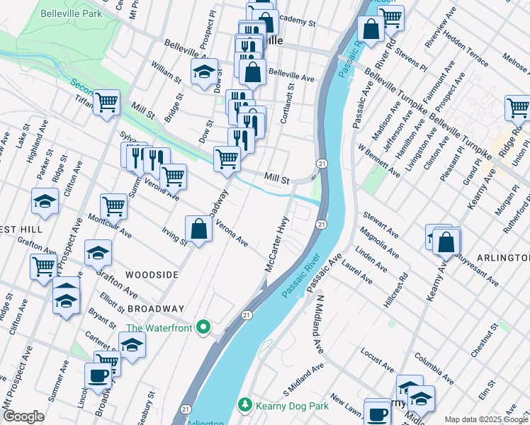 map of restaurants, bars, coffee shops, grocery stores, and more near 2125 McCarter Highway in Newark