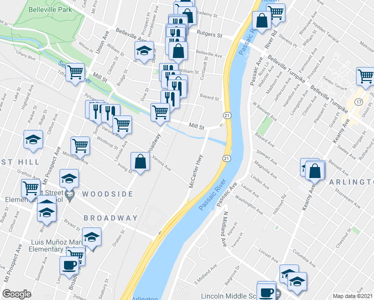 map of restaurants, bars, coffee shops, grocery stores, and more near 2125 McCarter Highway in Newark