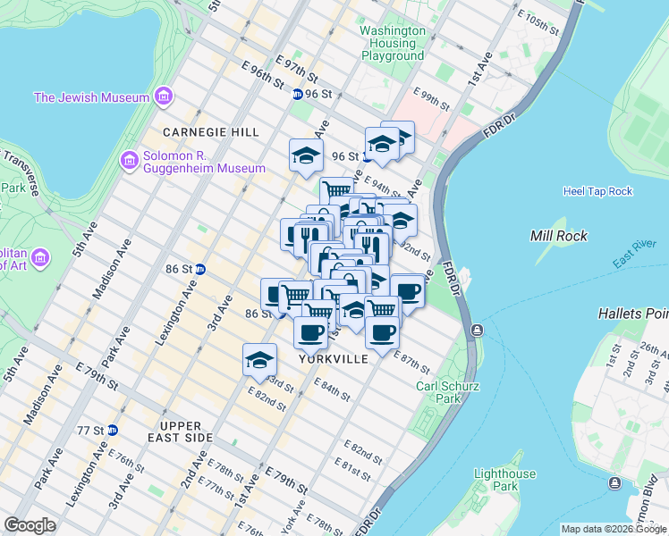 map of restaurants, bars, coffee shops, grocery stores, and more near 317 East 89th Street in New York