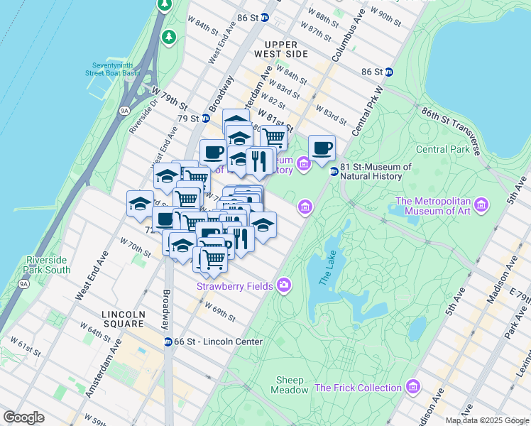 map of restaurants, bars, coffee shops, grocery stores, and more near 48 West 76th Street in New York