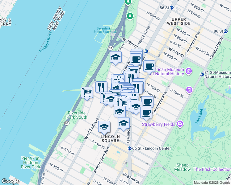 map of restaurants, bars, coffee shops, grocery stores, and more near 264 West 72nd Street in New York