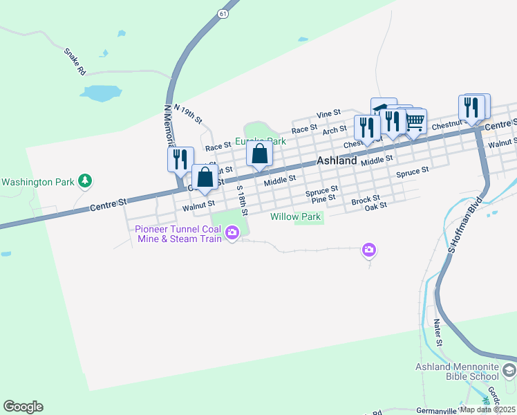 map of restaurants, bars, coffee shops, grocery stores, and more near 1712 Spruce Street in Ashland