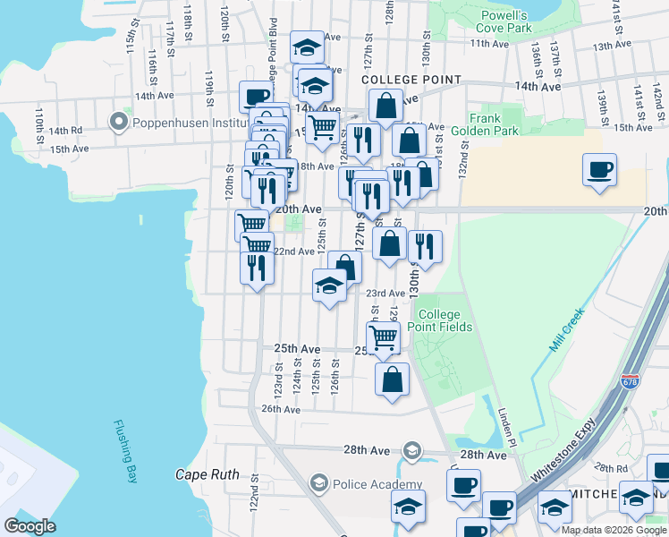 map of restaurants, bars, coffee shops, grocery stores, and more near 22-20 126th Street in Queens