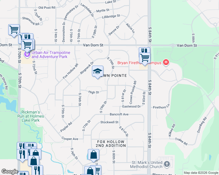 map of restaurants, bars, coffee shops, grocery stores, and more near 7901 East Pointe Road in Lincoln