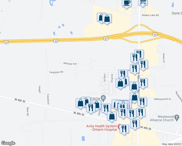 map of restaurants, bars, coffee shops, grocery stores, and more near 2347 Ferguson Road in Ontario