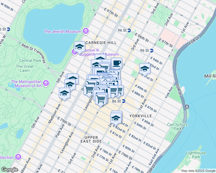 map of restaurants, bars, coffee shops, grocery stores, and more near 170 East 87th Street in New York