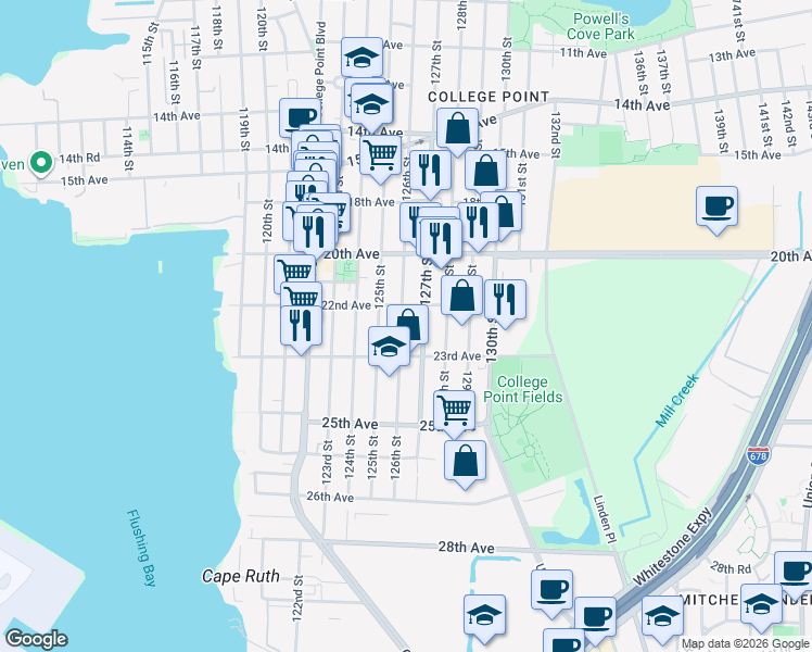 map of restaurants, bars, coffee shops, grocery stores, and more near 22-39 126th Street in Queens