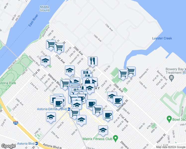 map of restaurants, bars, coffee shops, grocery stores, and more near 20-31 29th Street in Queens