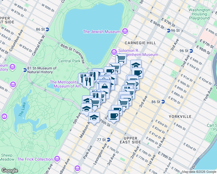 map of restaurants, bars, coffee shops, grocery stores, and more near Madison Avenue & East 84th Street in New York