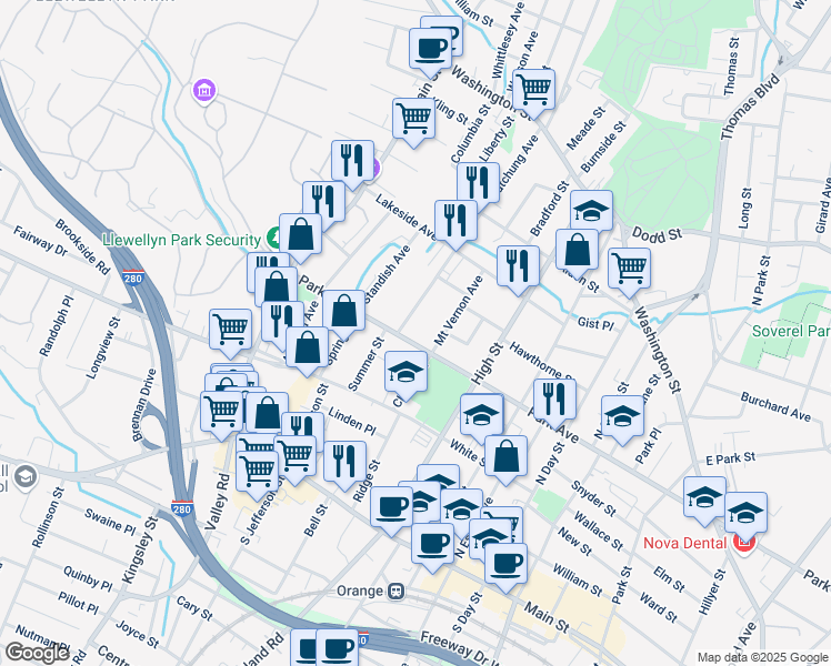 map of restaurants, bars, coffee shops, grocery stores, and more near 470 Park Avenue in City of Orange
