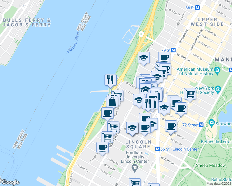 map of restaurants, bars, coffee shops, grocery stores, and more near W 70th St & Riverside Blvd in New York