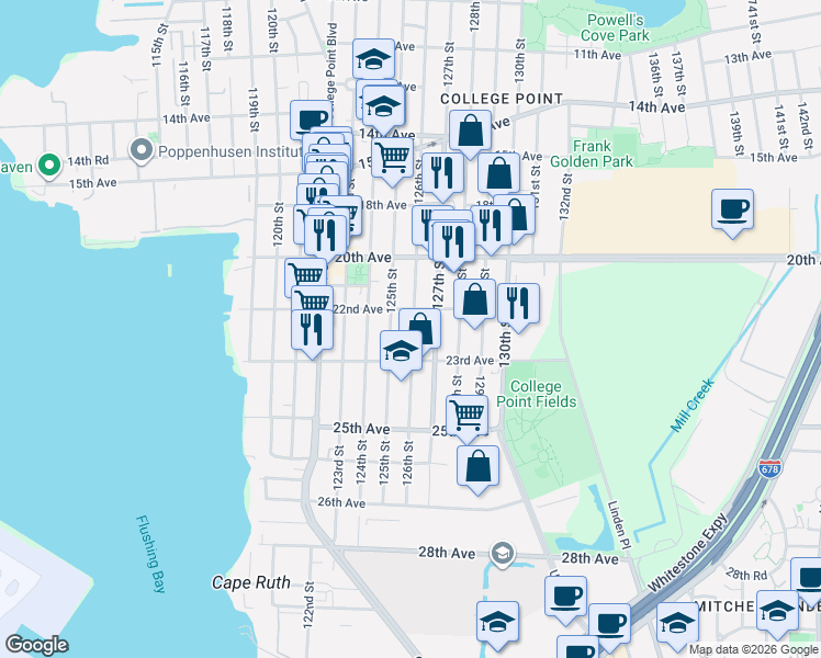 map of restaurants, bars, coffee shops, grocery stores, and more near 22-39 126th Street in Queens