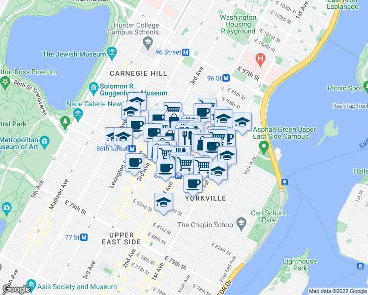 map of restaurants, bars, coffee shops, grocery stores, and more near 237 East 88th Street in New York
