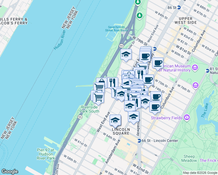 map of restaurants, bars, coffee shops, grocery stores, and more near 342 West 71st Street in New York