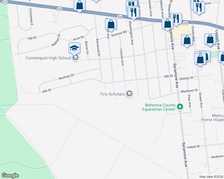 map of restaurants, bars, coffee shops, grocery stores, and more near 1566 Roosevelt Avenue in Bohemia