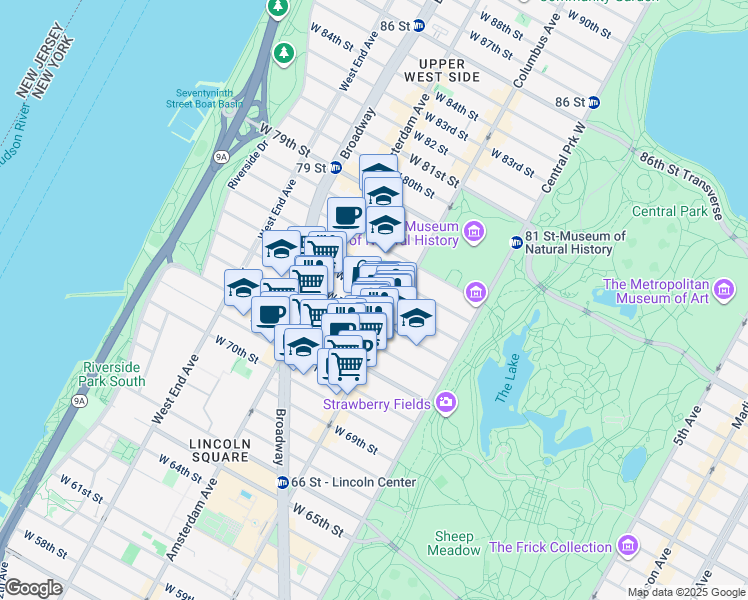 map of restaurants, bars, coffee shops, grocery stores, and more near 114 West 75th Street in New York
