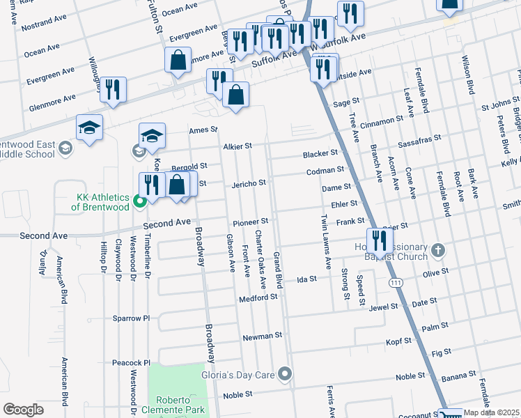 map of restaurants, bars, coffee shops, grocery stores, and more near 156 Pioneer Street in Brentwood