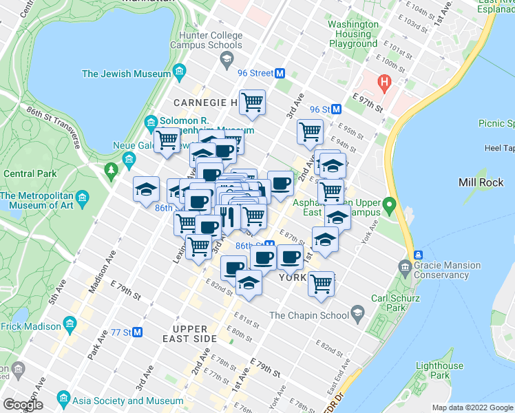 map of restaurants, bars, coffee shops, grocery stores, and more near 208 East 87th Street in New York