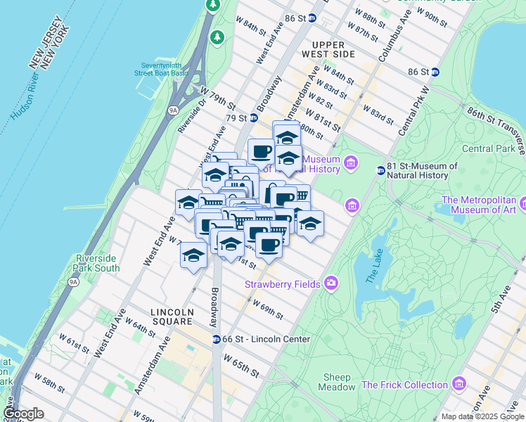 map of restaurants, bars, coffee shops, grocery stores, and more near 137 West 74th Street in New York