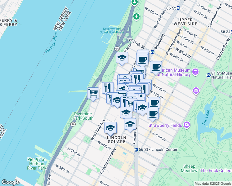 map of restaurants, bars, coffee shops, grocery stores, and more near in New York